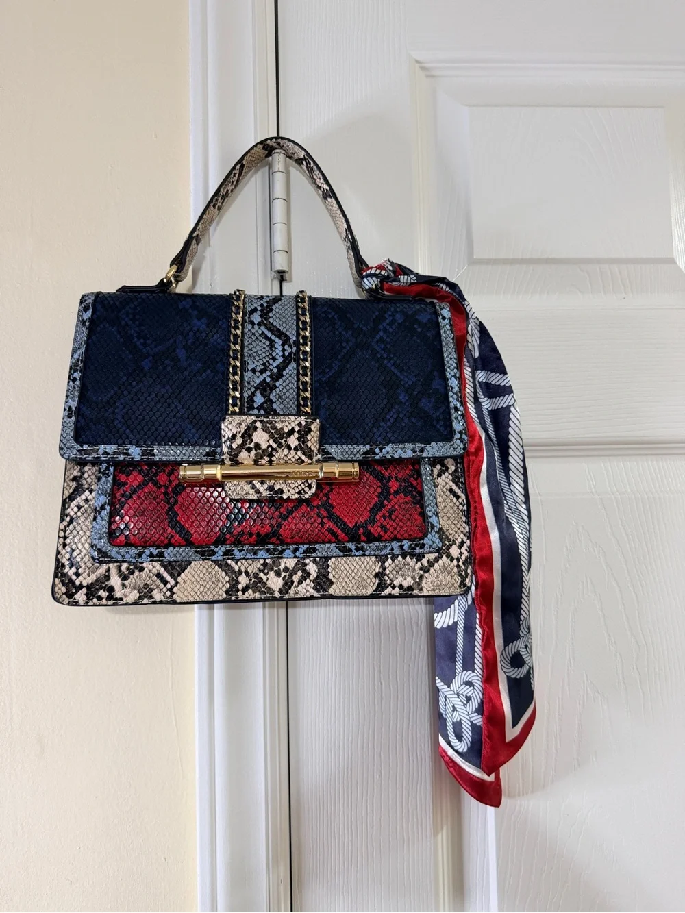 Aldo Multicolor Snakeskin-Pattern Top-Handle Satchel with Scarf